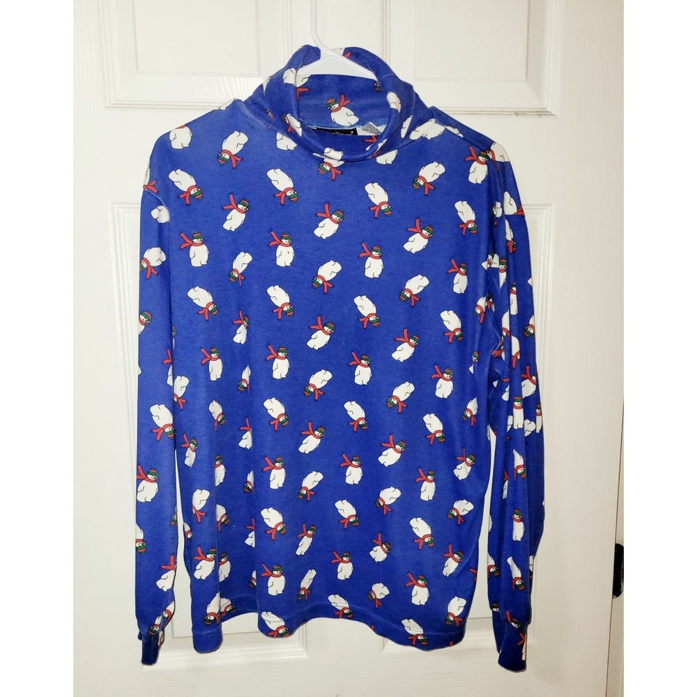 Headliners Christmas Vintage Snowman Turtleneck Royal Blue Novel Print Large Top